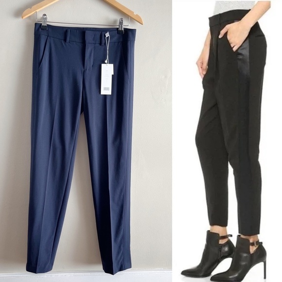 NWT‎ Vince. Navy Satin-Striped Tuxedo Wool Blend Trousers in Navy Blue, Size 0 - Picture 1 of 14